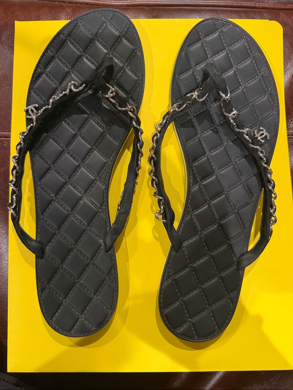 CHANEL Black Quilted Chain-Trim Thong Sandals